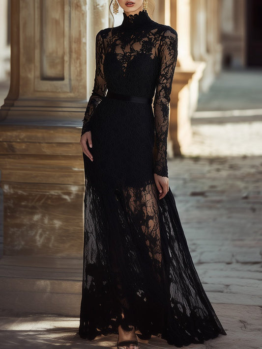 Robe Maxi en Dentelle Noire - Élégance Unique avec Col Haut, Expédition en 24 Heures