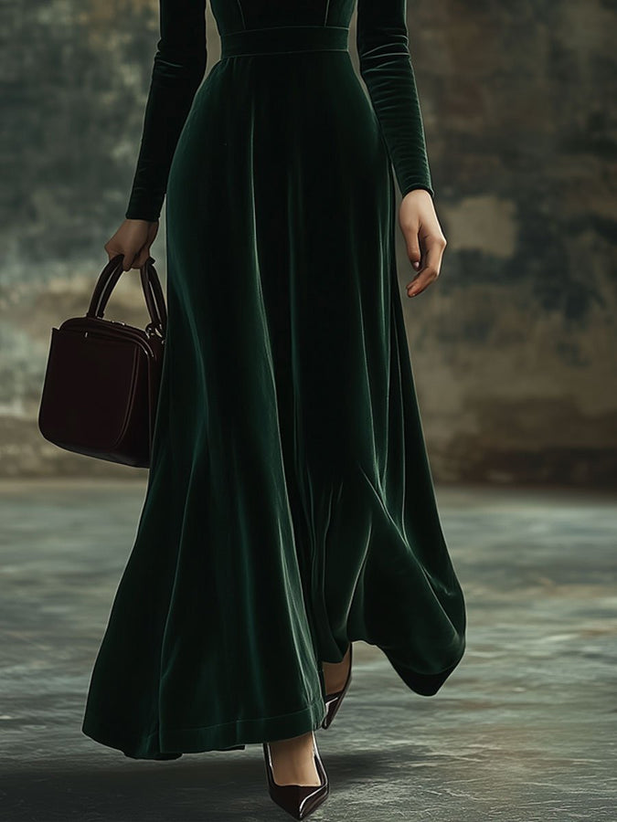 Robe Maxi en Velours Unie avec Col Montant et Nœud - Élégance Instantanée, Expédition Rapide en 24 Heures