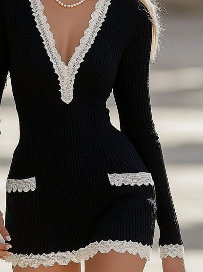 Robe Mini Tricotée Noire Élégante avec Bord en Dentelle - Expédition Rapide sous 24 Heures
