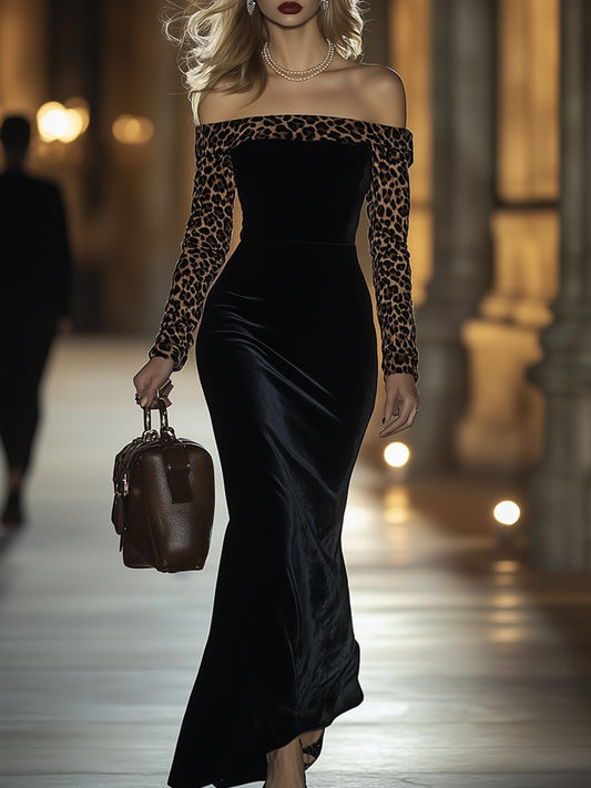 Robe Rétro en Velours Imprimé Léopard - Élégance Haut de Gamme, Expédition en 24 Heures