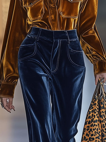 Blouse Rétro Ample en Velours Uni avec Poches – Livraison en 24 Heures