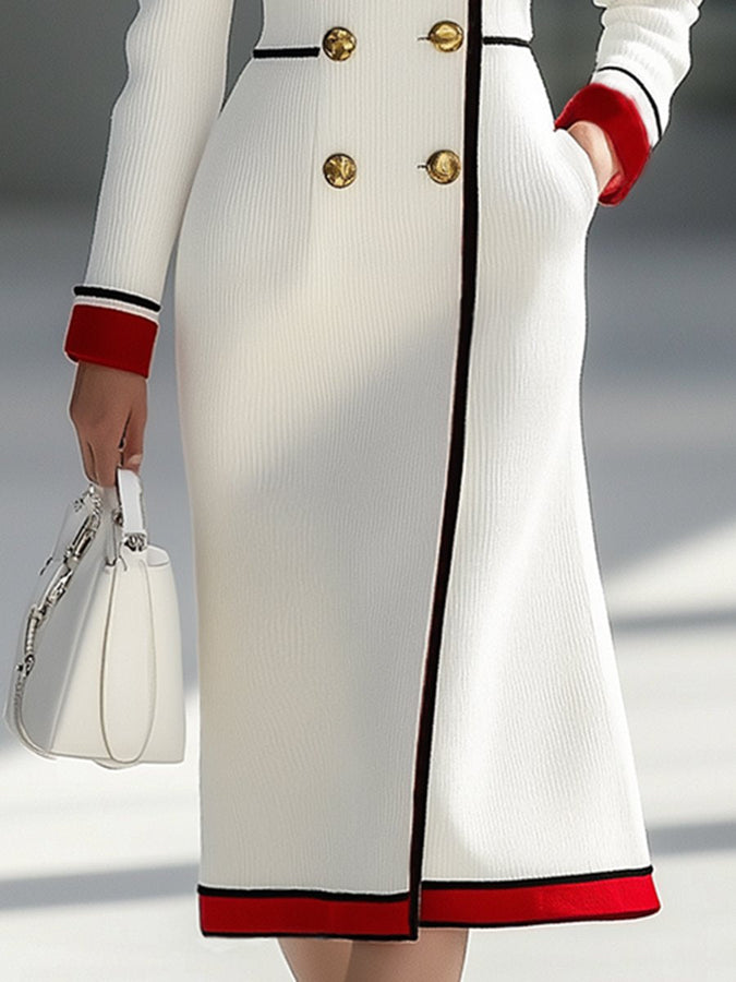 Robe Midi Bicolore Rouge Élégante à Double Boutonnage - Expédition Rapide en 24 Heures