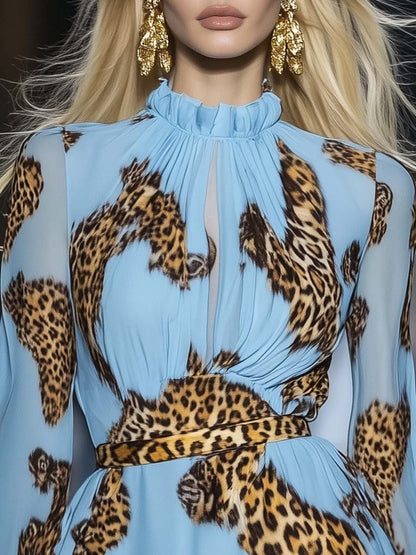 Élégante Robe Mini en Chiffon Bleu Ciel à Imprimé Léopard