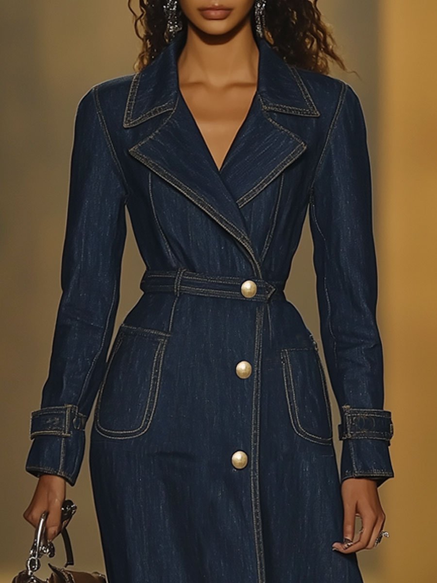 Robe-Trench Vintage en Denim avec Poches et Manches Longues - Expédition Rapide sous 24 Heures