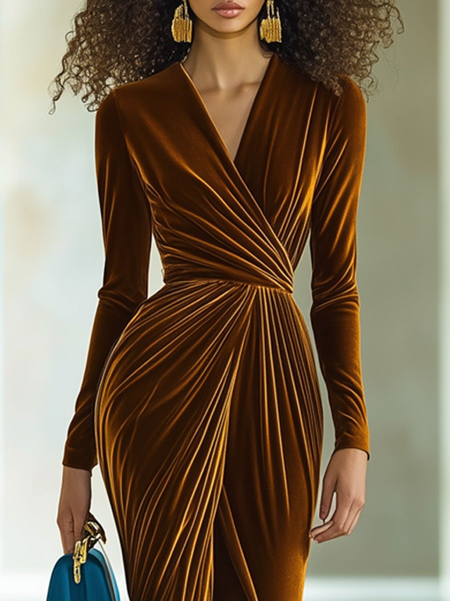 Robe Maxi Vintage en Velours avec Fente et Manches Longues - Expédition Rapide en 24 Heures