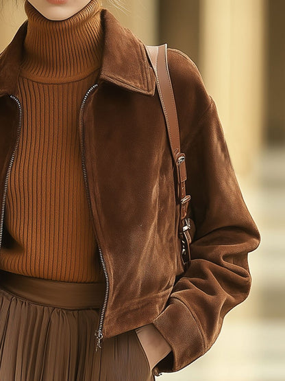 Veste courte en suède décontractée avec poches zippées - Expédition rapide sous 24 heures