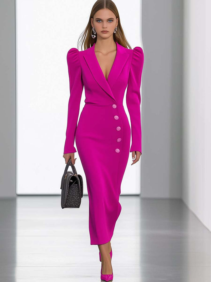 Robe Midi Élegante à Manches Bouffantes et Décolleté en V - Rose Vif, Expédition Rapide sous 24 Heures !