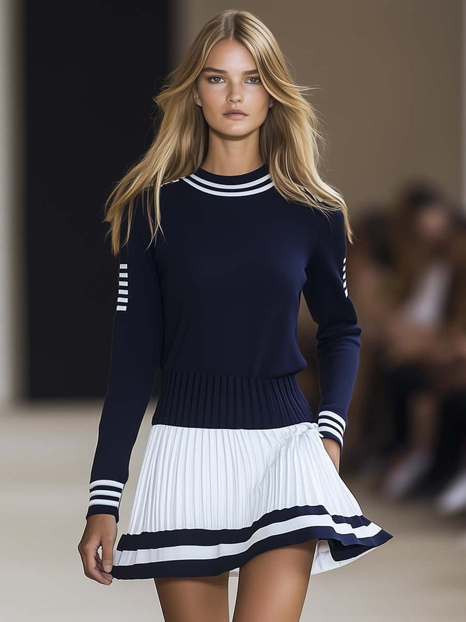 Robe Mini Sportive à Col Rond Bicolore Bleu Marine et Blanc - Expédition Rapide en 24 Heures