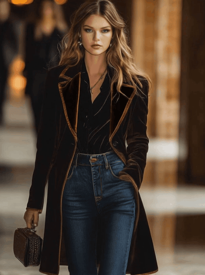 Veste Vintage en Velours Ample avec Col et Poches - Style Décontracté à Blocs de Couleurs