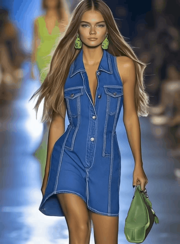 Robe Mini en Jean Premium à Col V avec Fermeture Éclair - Expédition Rapide en 24 Heures!