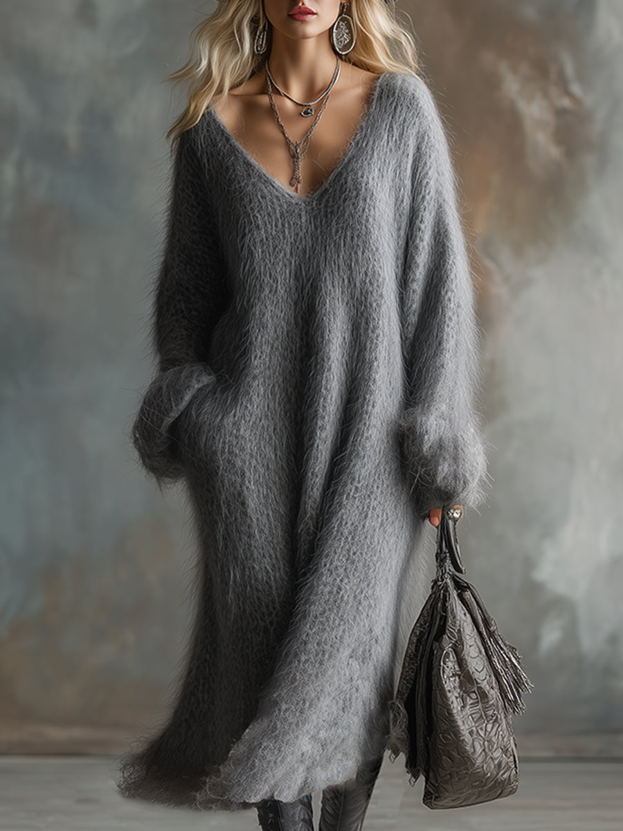 Robe Maxi en Tricot Gris avec Col en V - Élégance Douillette en Imitation Fourrure de Lapin
