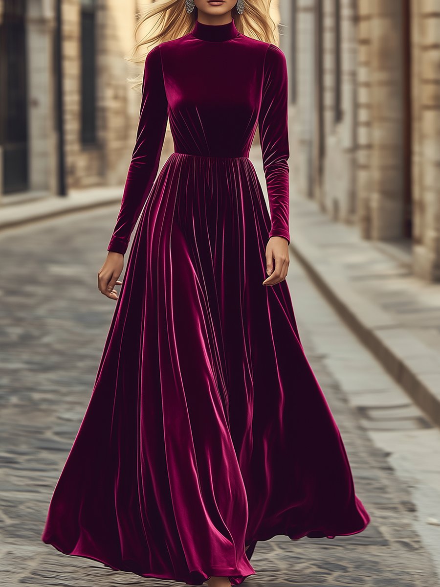 Robe Maxi en Velours à Col Montant – Style Rétro, Expédition Rapide en 24 Heures