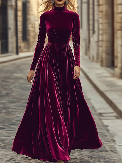 Robe Maxi en Velours à Col Montant – Style Rétro, Expédition Rapide en 24 Heures