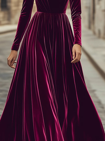 Robe Maxi en Velours à Col Montant – Style Rétro, Expédition Rapide en 24 Heures