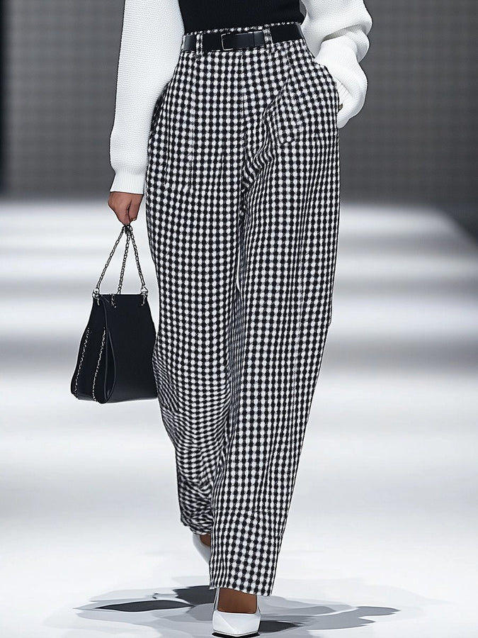 【Expédition en 24h】Pantalon Droit à Poches Vichy Rétro