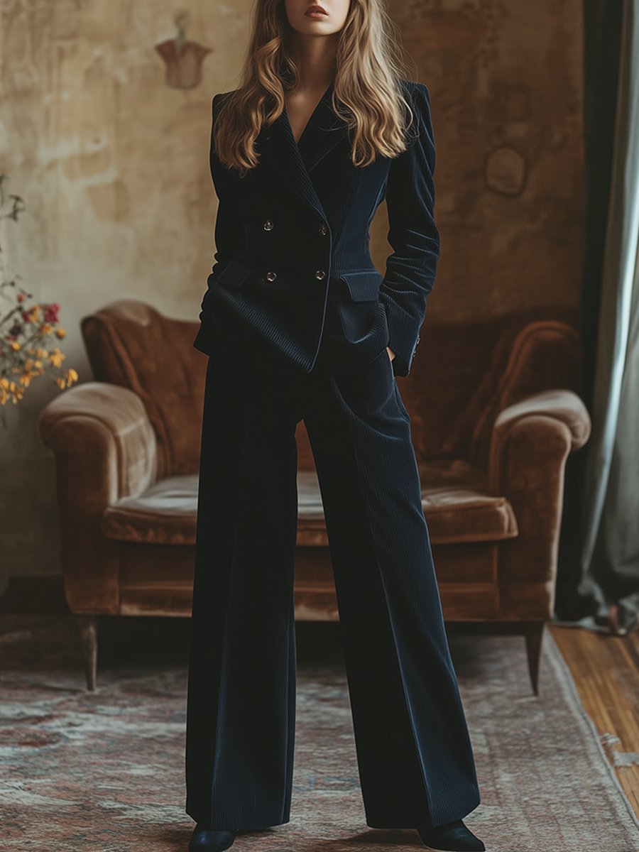 Ensemble Chic en Velours Côtelé : Veste Double Boutonnage Navy & Pantalon à Jambes Larges - Livraison en 24 Heures