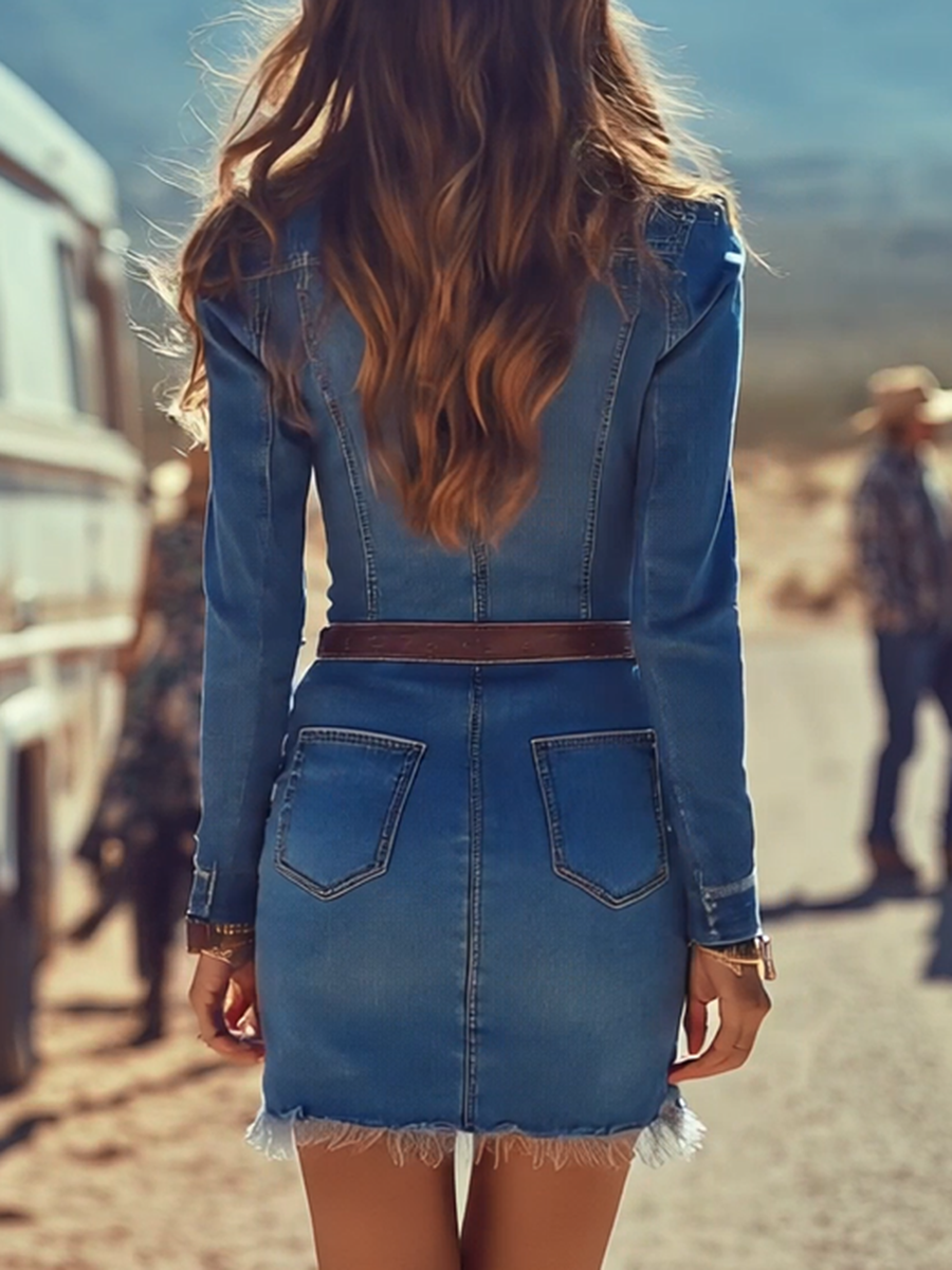 Robe Mini en Jean Bleu avec Boutons, Manches Longues et Finitions Effilées