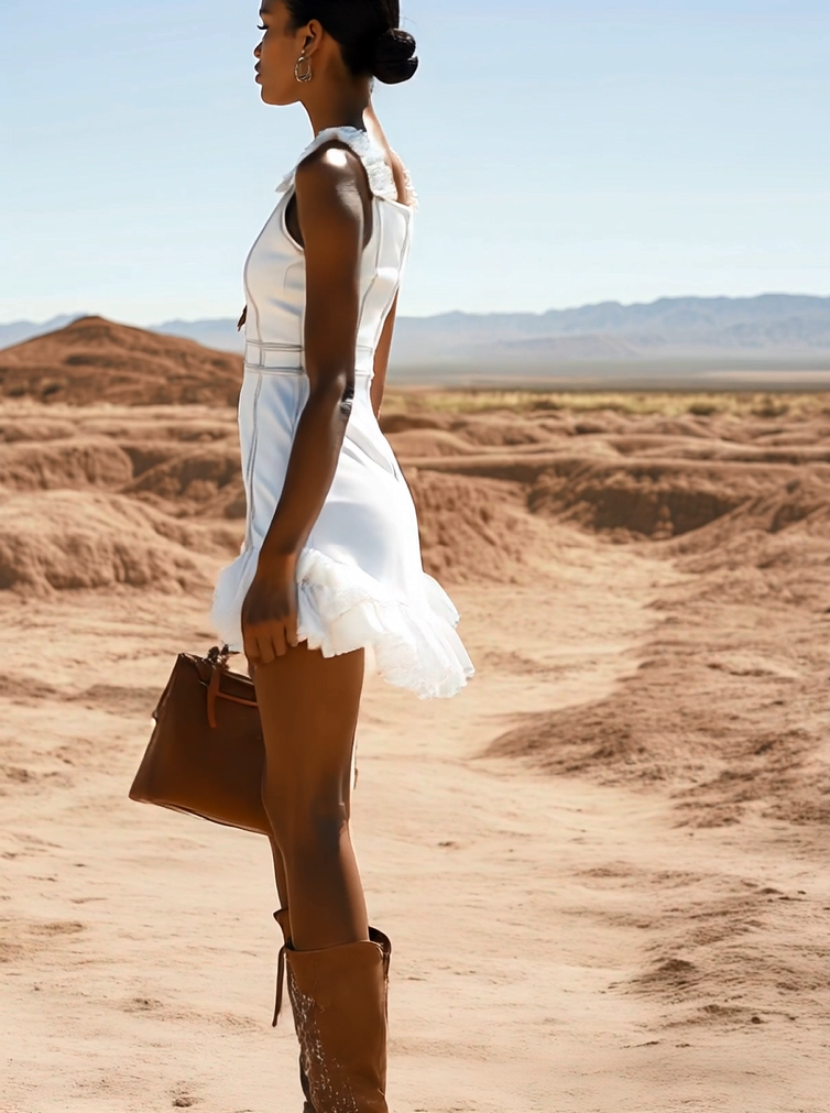 Robe Mini en Denim Blanc : Décontractée, avec Fermeture Éclair et Volants – Expédition en 24 Heures !