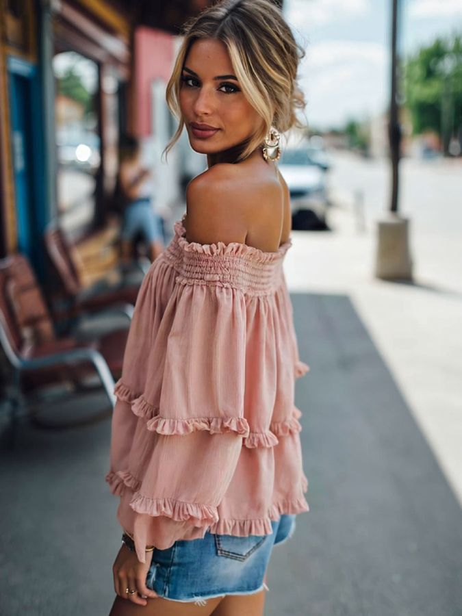 Chemise Vintage à Manches Longues et Épaules Dénudées - Livraison en 24 Heures !